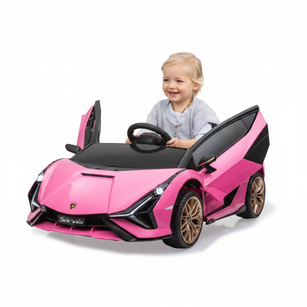 Child playing with a pink toy car 