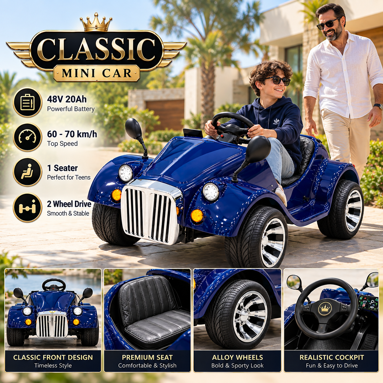 Battery Operated classic kids electric car UAE with 48 v 20 mah power and good dpeed and mileage in Blue