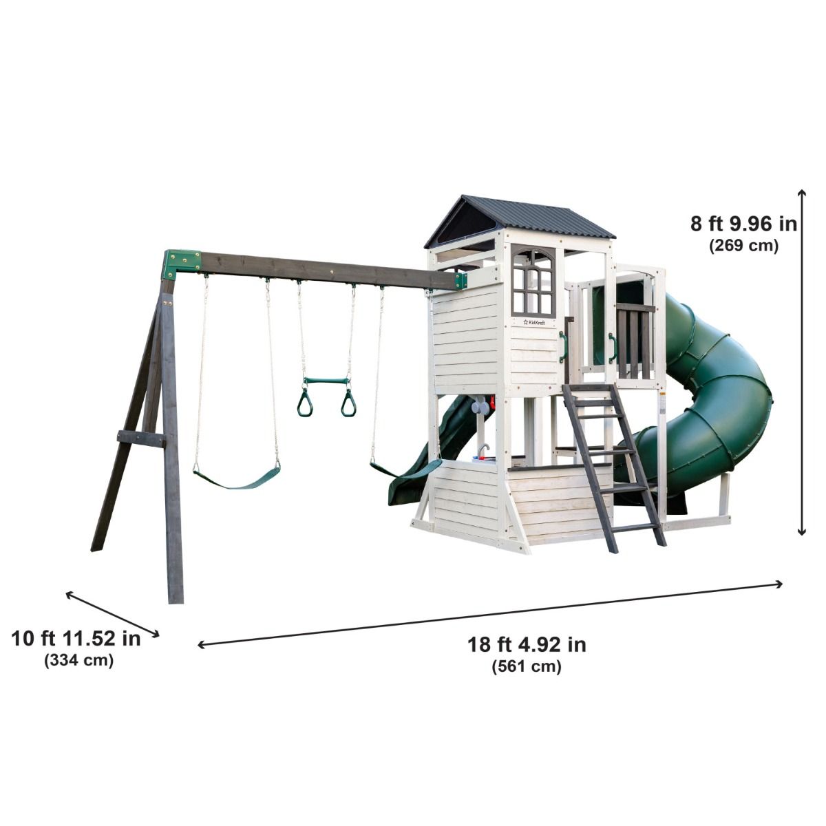 Kidkraft Wrangler playset with swing, slide, and climbing structure with dimensions.