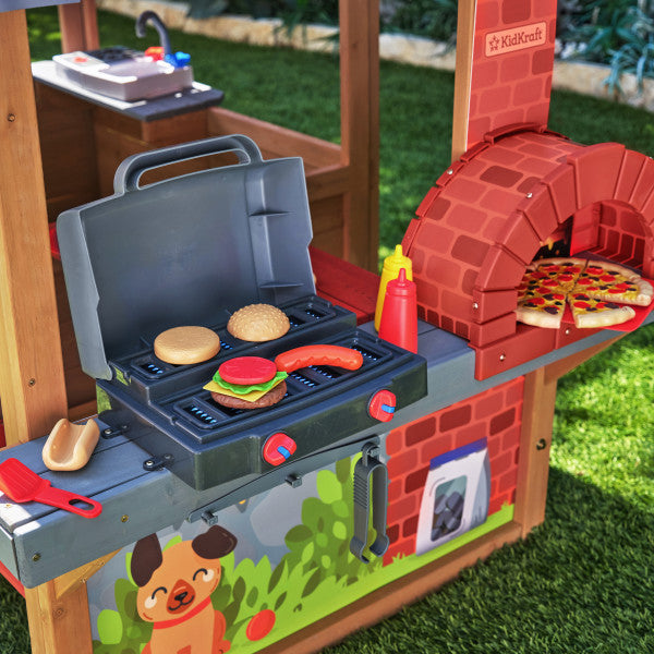 Children's play kitchen set with grill and pizza oven