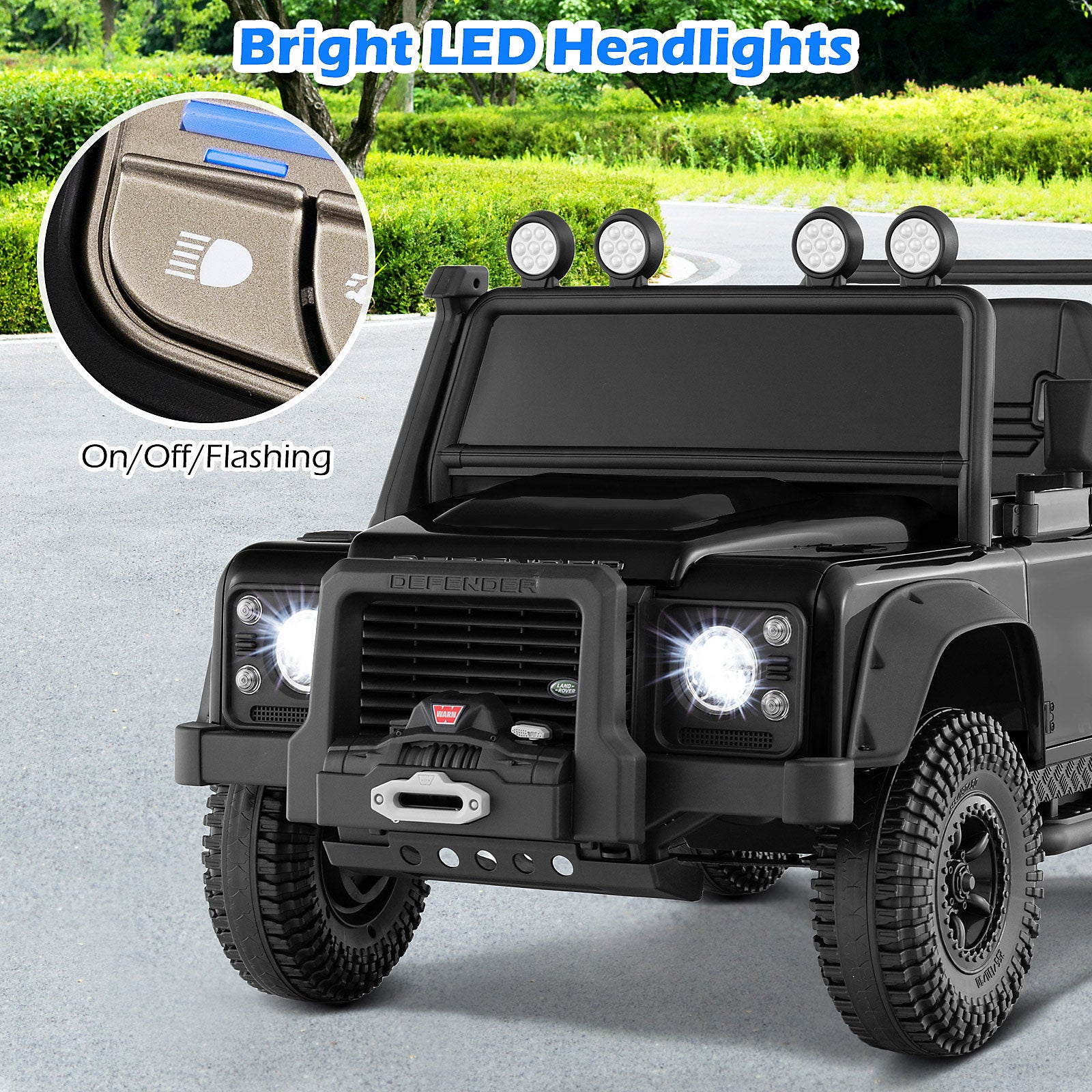 Toy car with bright LED headlights on a road
