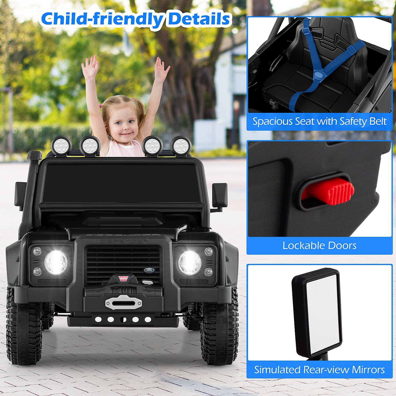 Child-friendly electric toy car with features highlighted