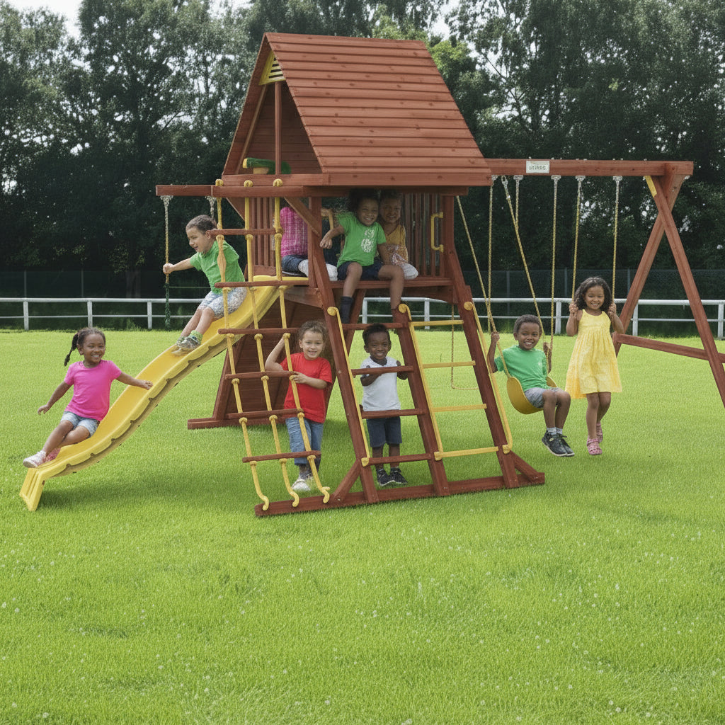 Kiddoro Discovery Den Swing and Slide on a grassy field 