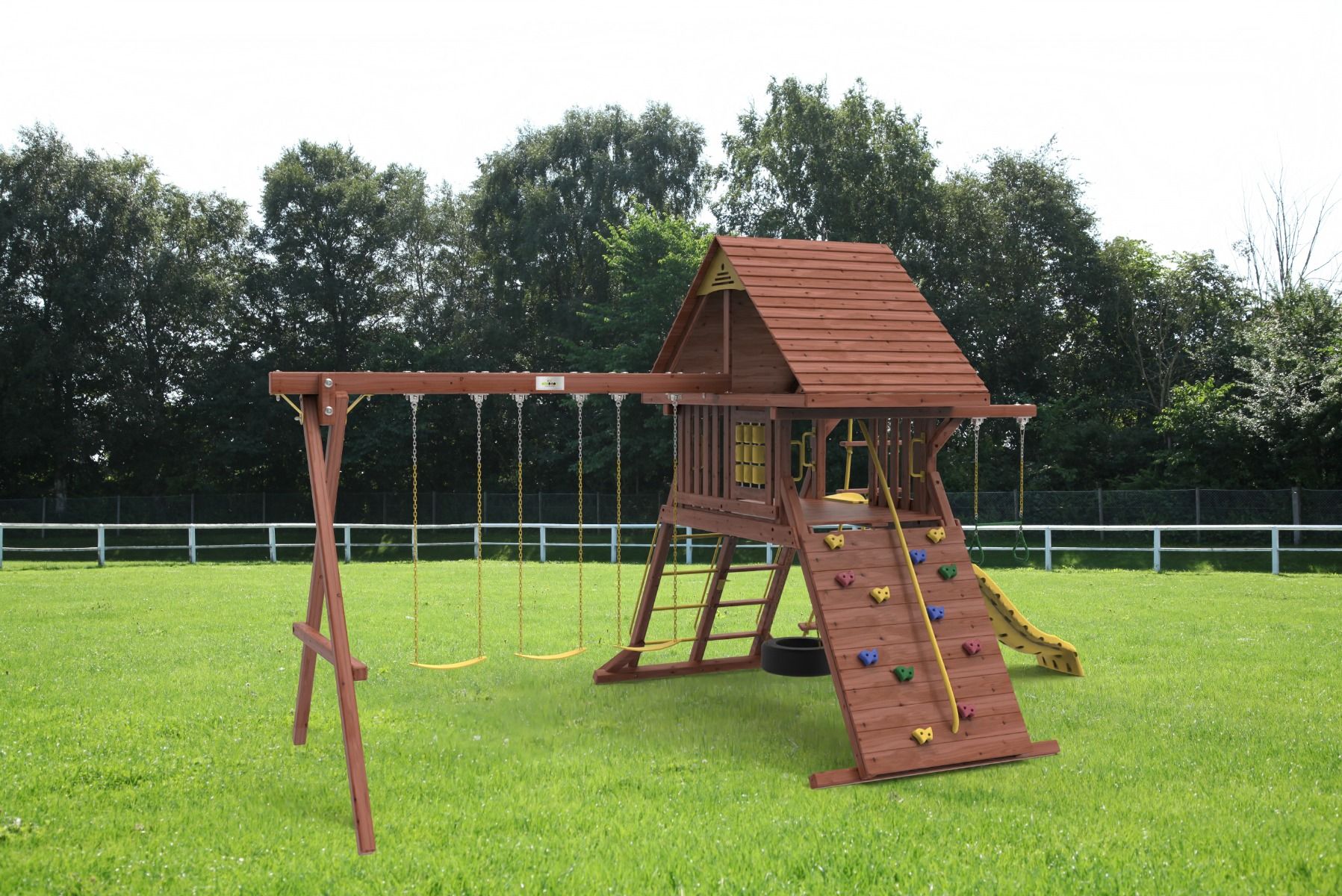 Wooden playground set with swings and climbing structure 