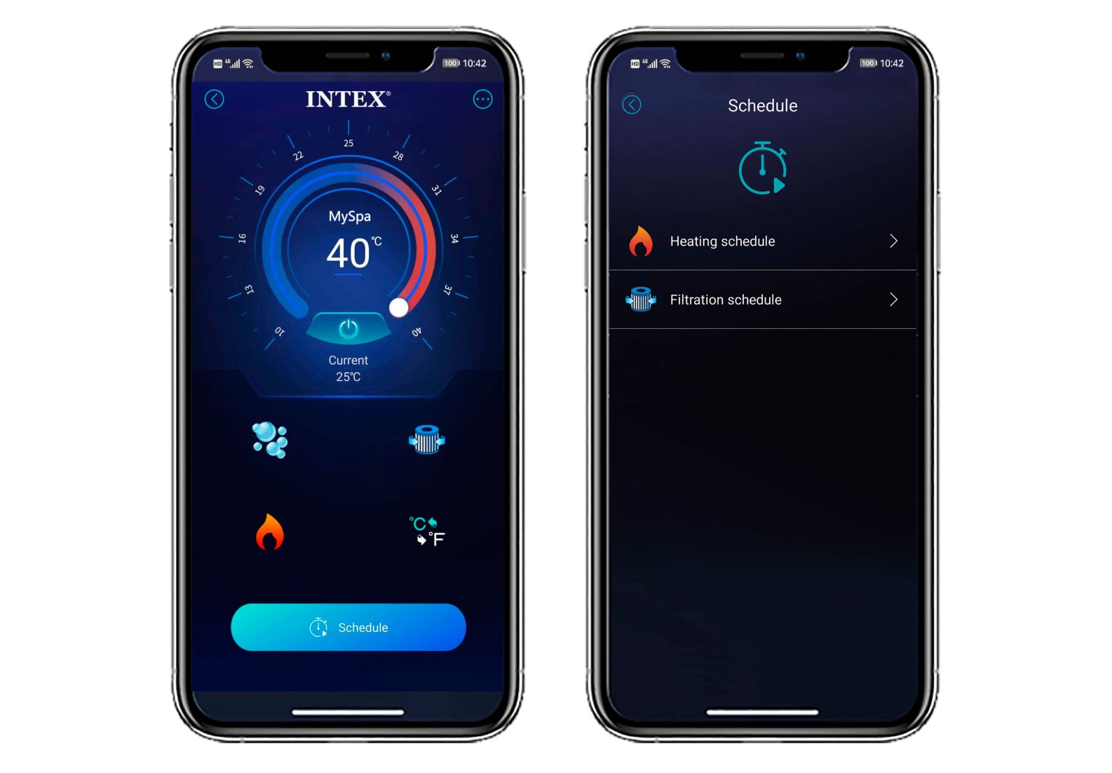 Two smartphones displaying the Intex app interface