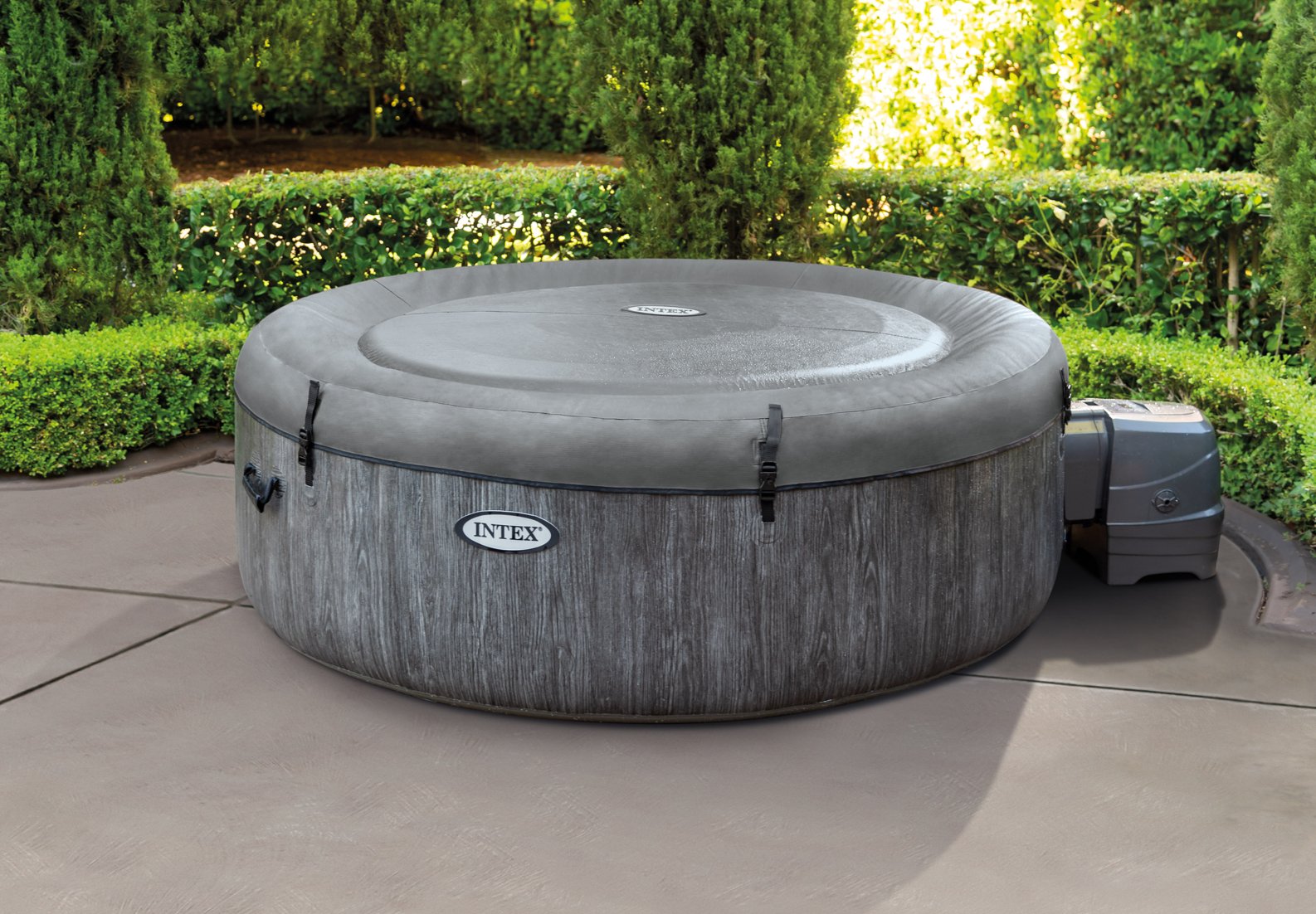 Covered Intex Pure SPA Bubble GreyWood Deluxe Set, 4 Seats Inflatable Hot Tub