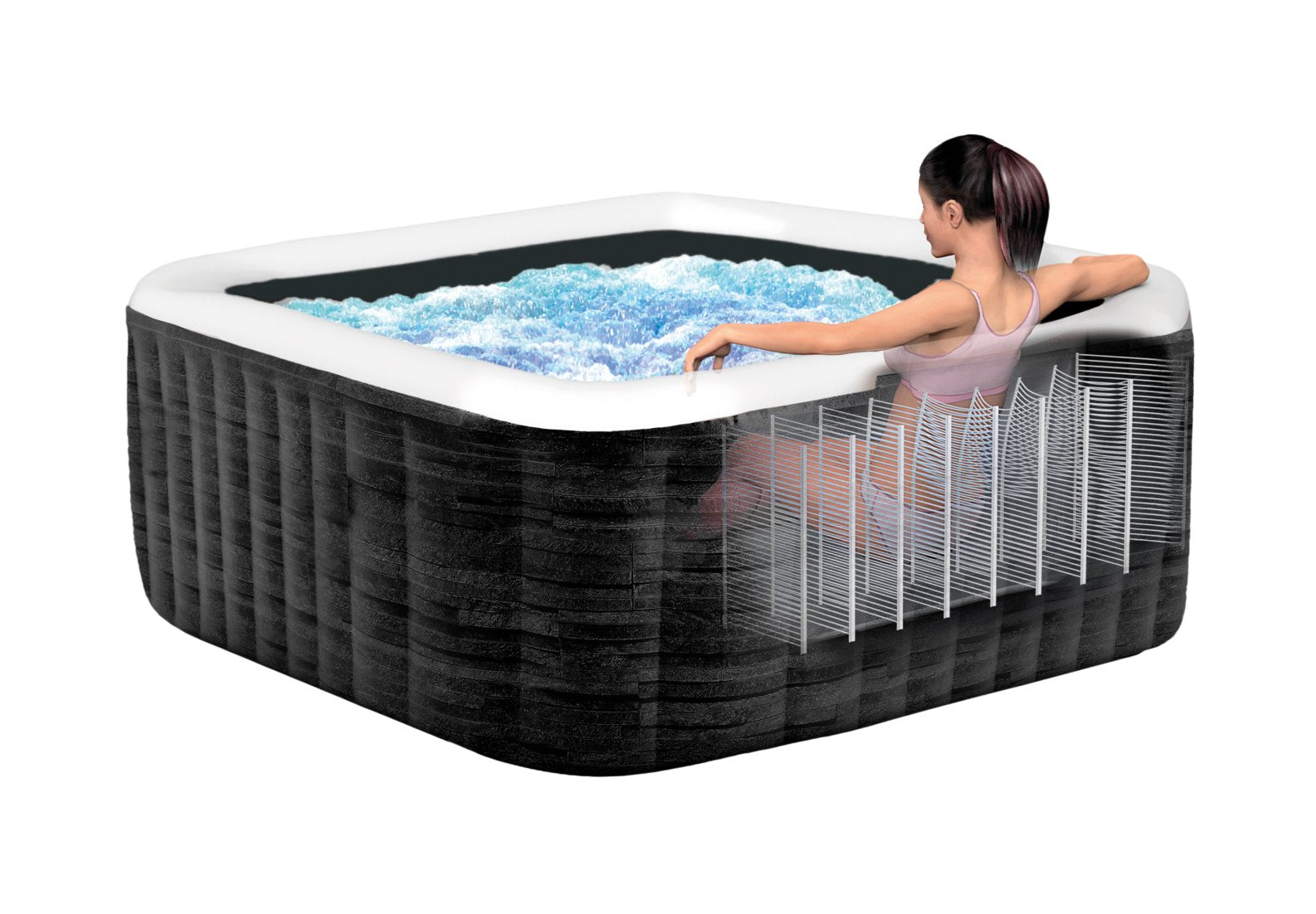 Inflatable hot tub with a person relaxing inside