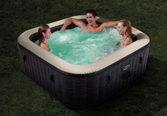 Family enjoying a hot tub in a grassy area