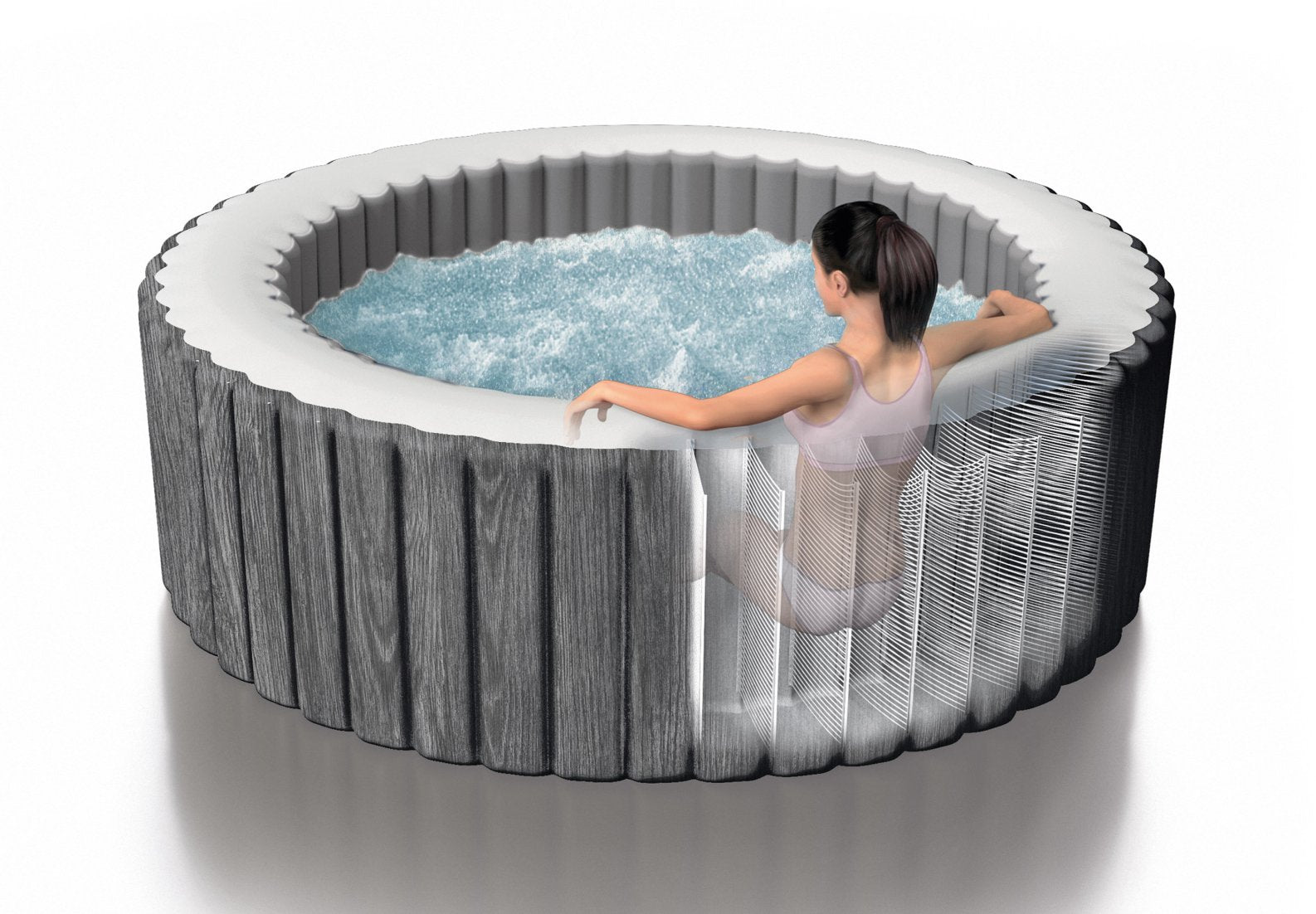 Inflatable hot tub with a woman relaxing inside