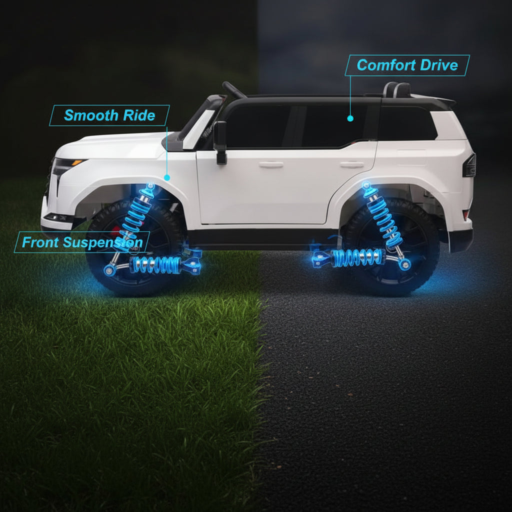 A white SUV- 12V Lexus GX550 Licensed battery powered Electric Car on grass and pavement, with features