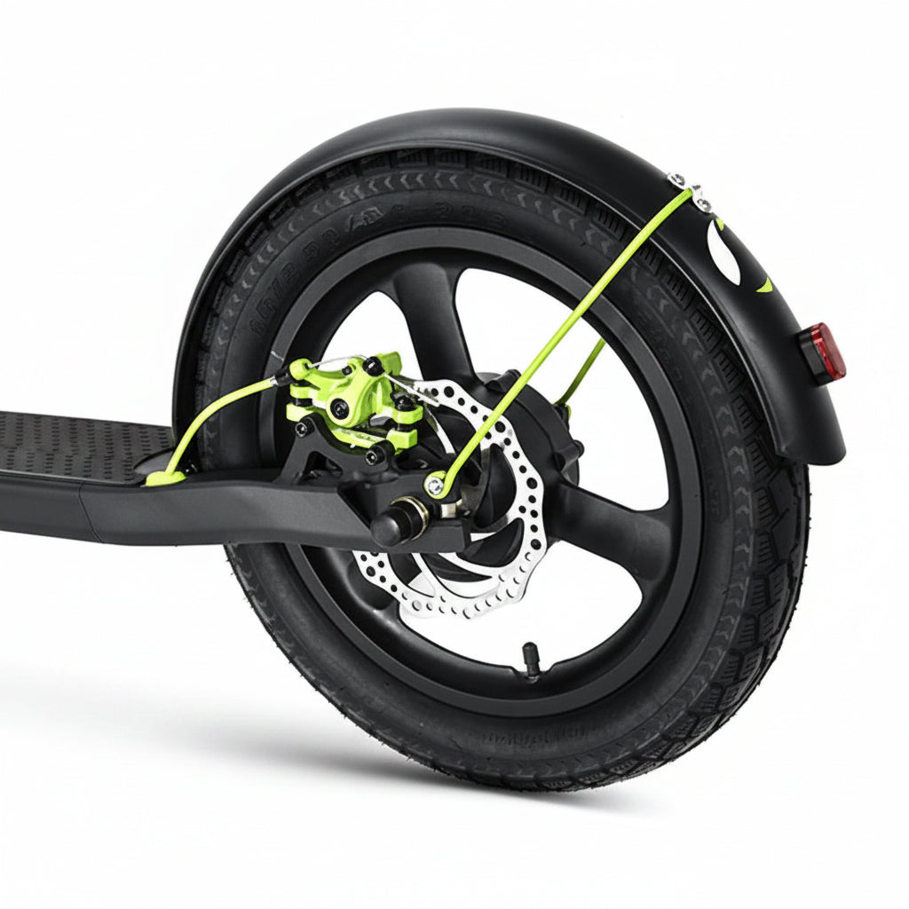 A close-up of a black Scooter wheel with a neon yellow-green brake lever