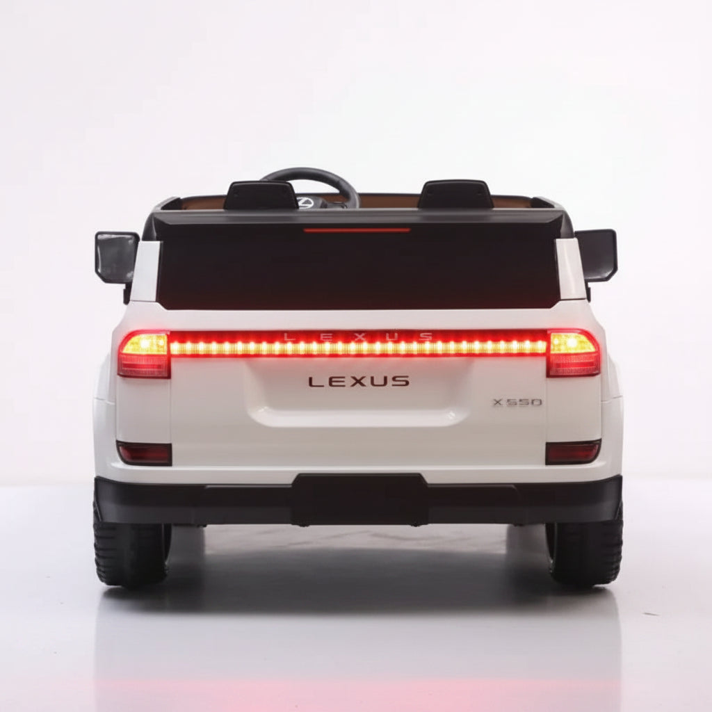 A Back view of a white kids' ride-on 12V Lexus GX550 Licensed Electric Car.