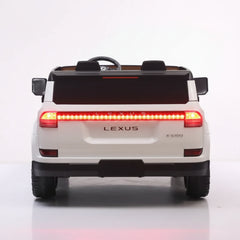 A Back view of a white kids' ride-on 12V Lexus GX550 Licensed Electric Car.