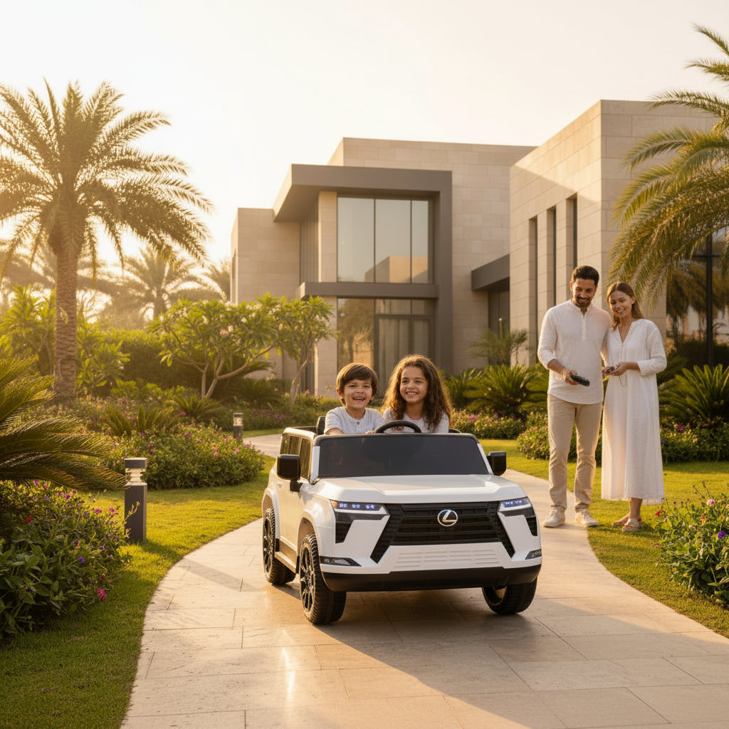 Two Kids driving 12V Lexus GX550 licensed ride-on electric car - white