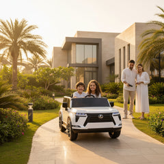 Two Kids driving 12V Lexus GX550 licensed ride-on electric car - white