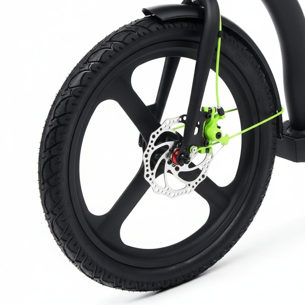Close-up of a black Electric Scooter wheel with a silver disc brake rotor