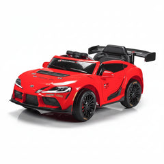 Red Toyota Supra-style Kids ride-on toy car with black wheels and a black interior