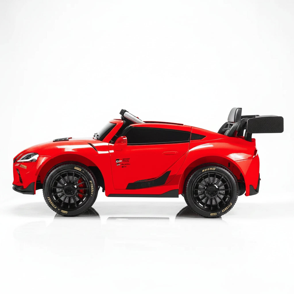 Side view of red Toyota GR Supra GT4 12V Battery Ride-on Kids Car