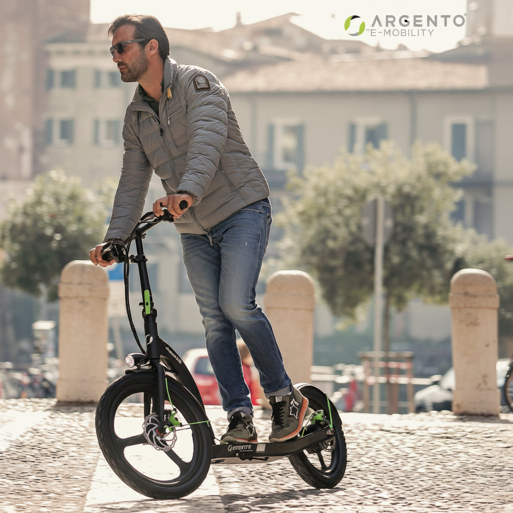 A man rides a Argento Active Bike Foldable Electric Scooter