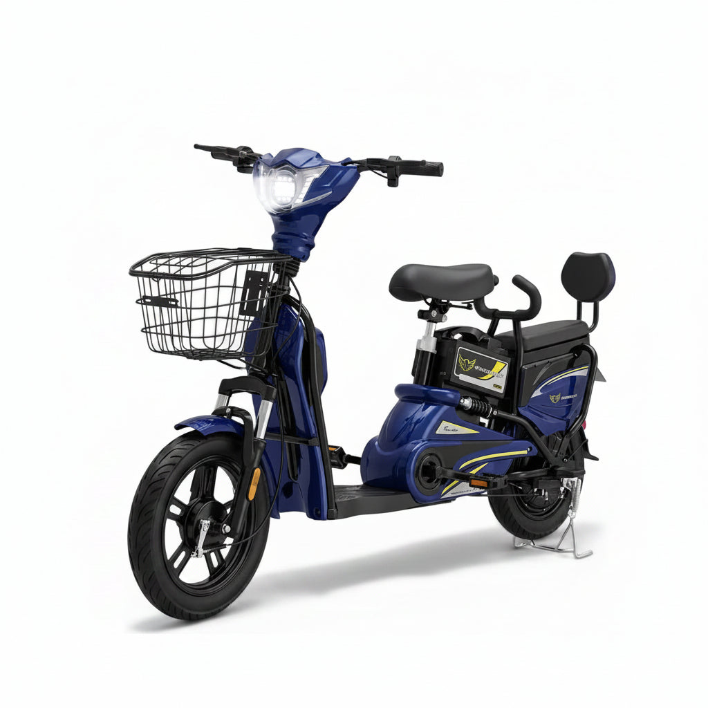 Blue electric scooter for Adults with a front basket