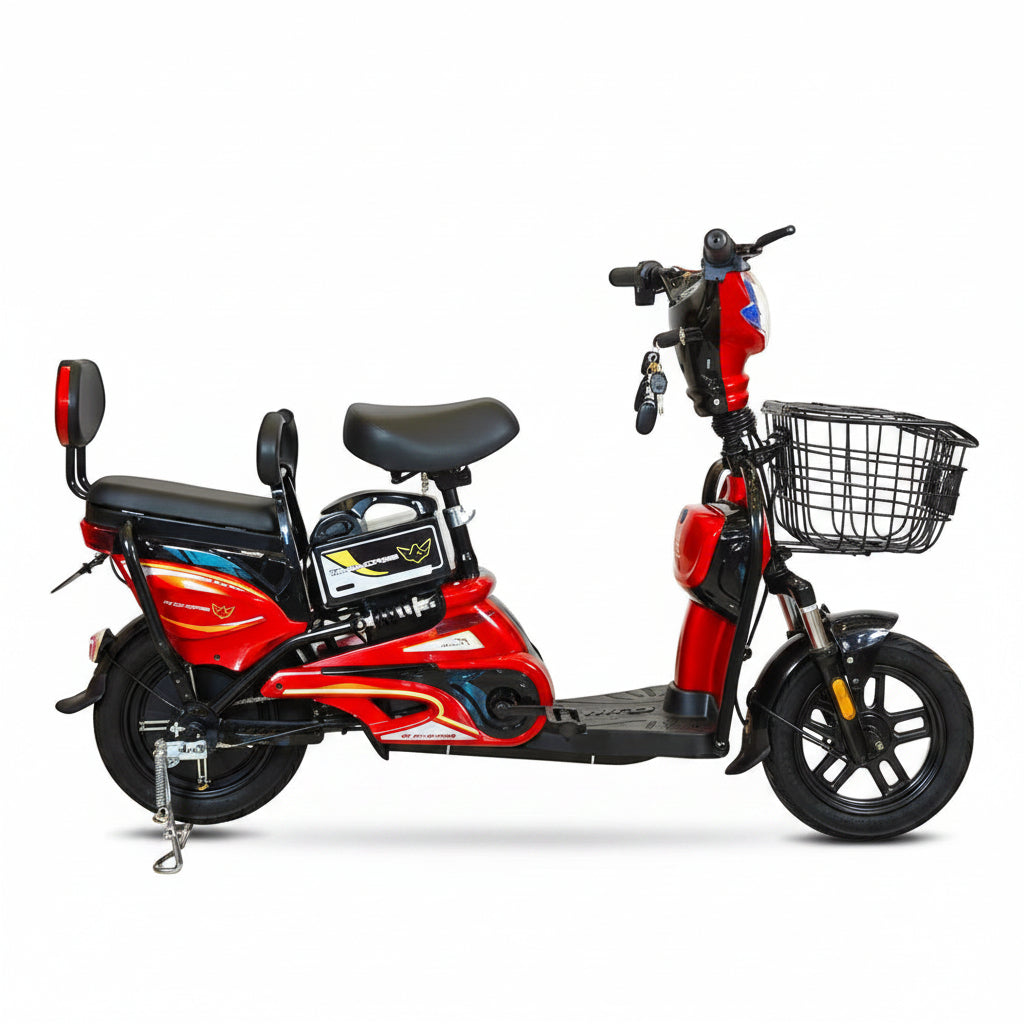 Red electric scooter with a black seat and basket