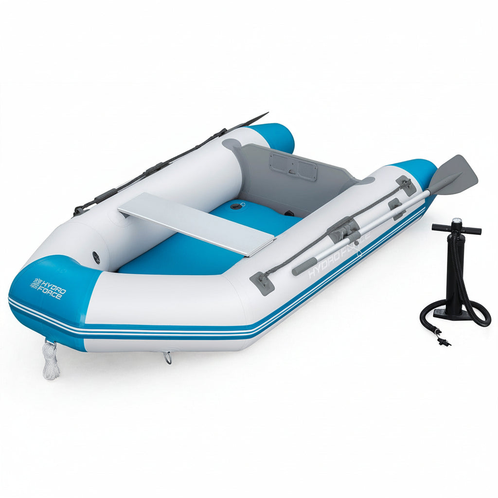 Intex inflatable dinghy boat in white and blue with grey interior