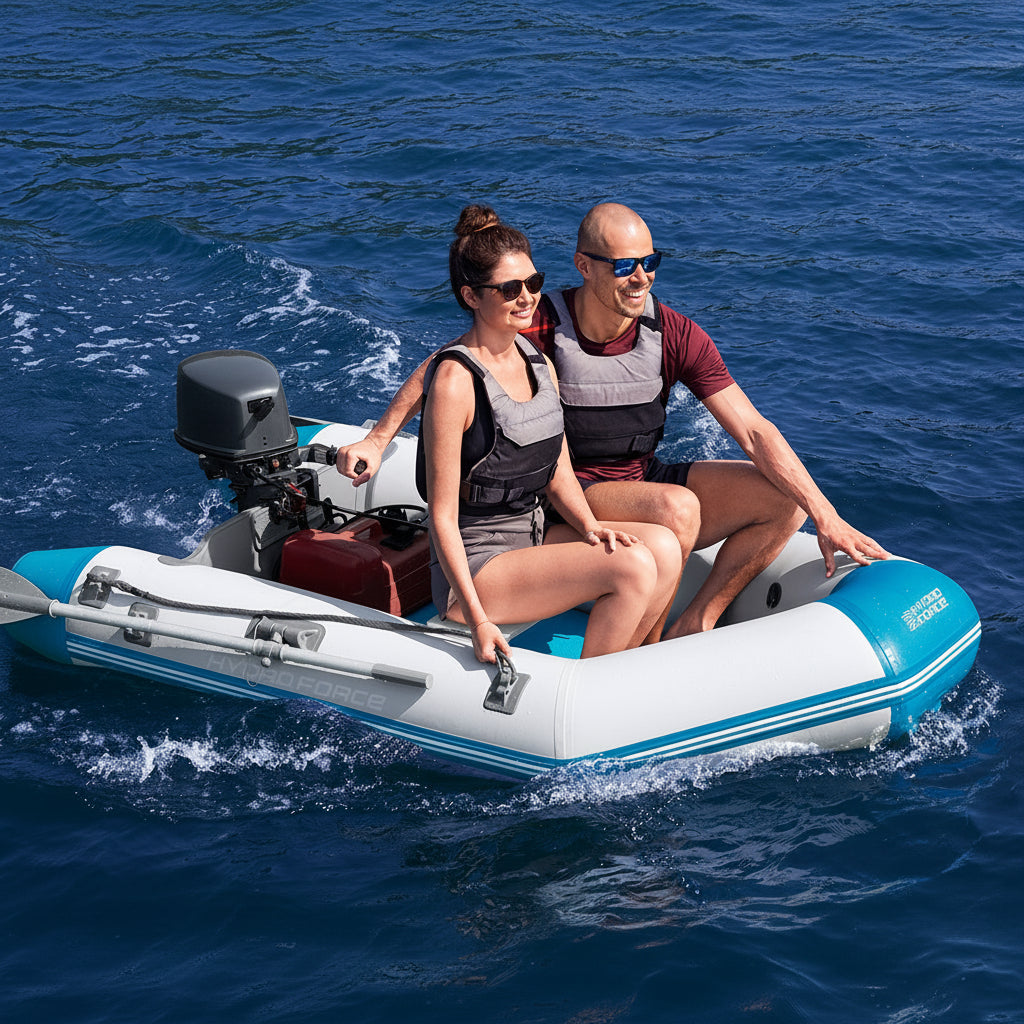 A man and a woman sit in a Bestway Hydro-Force Caspian Sport Boat 