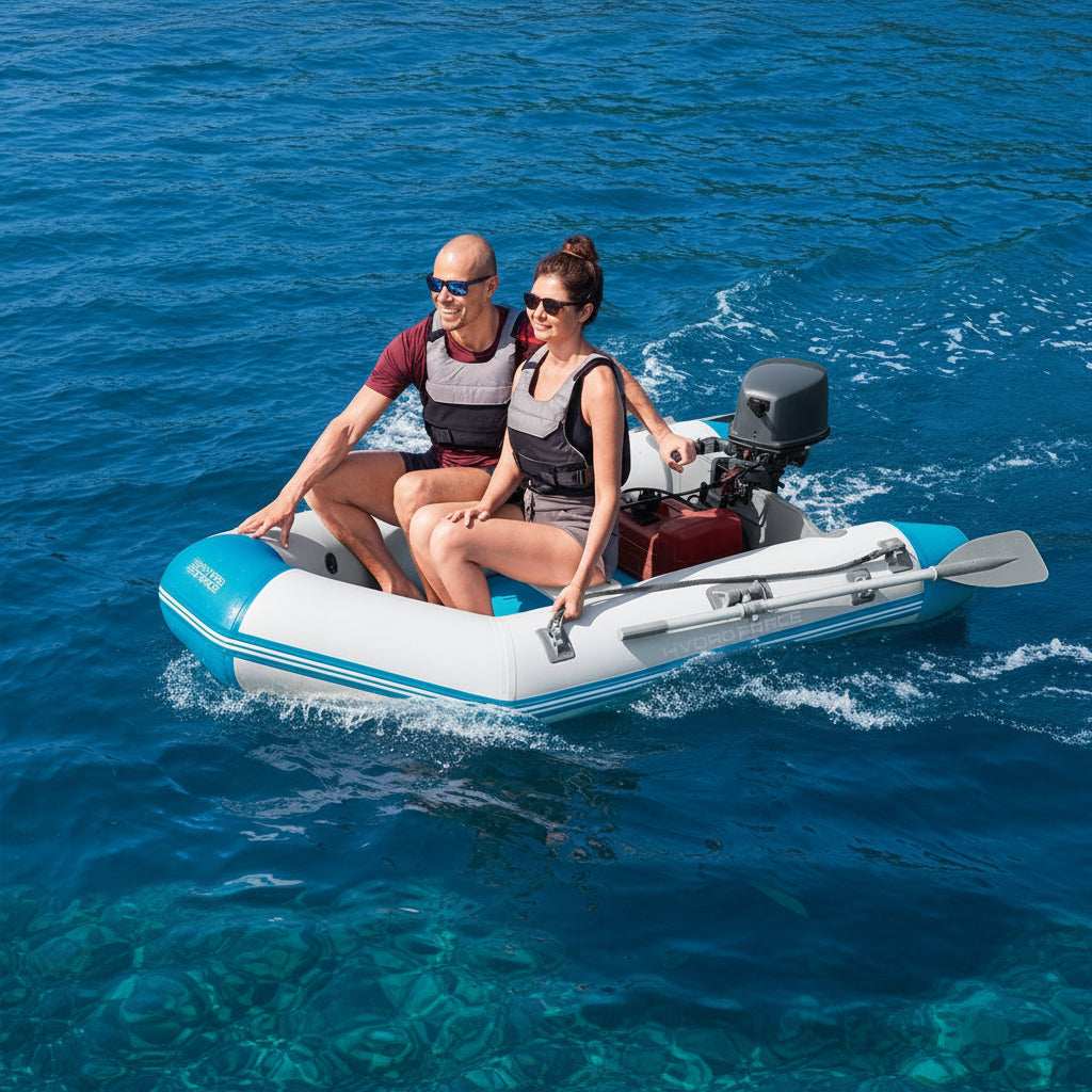 A man and a woman sit in an inflatable dinghy with an outboard motor 