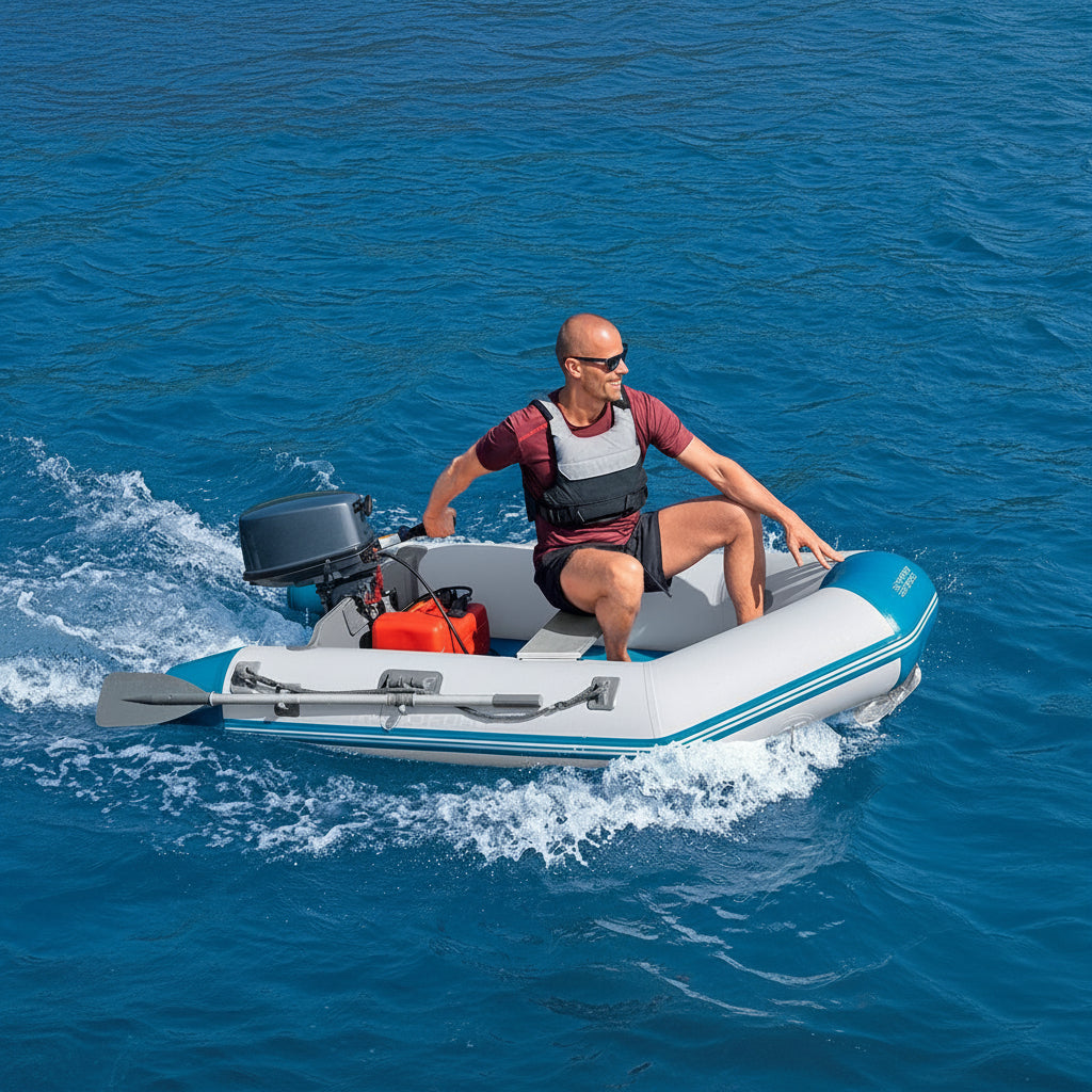 A man in an inflatable dinghy with a black outboard motor
