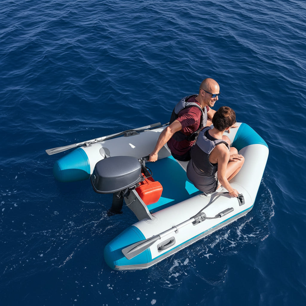 A man and a woman in an inflatable dinghy with a gray outboard motor, moving through water.