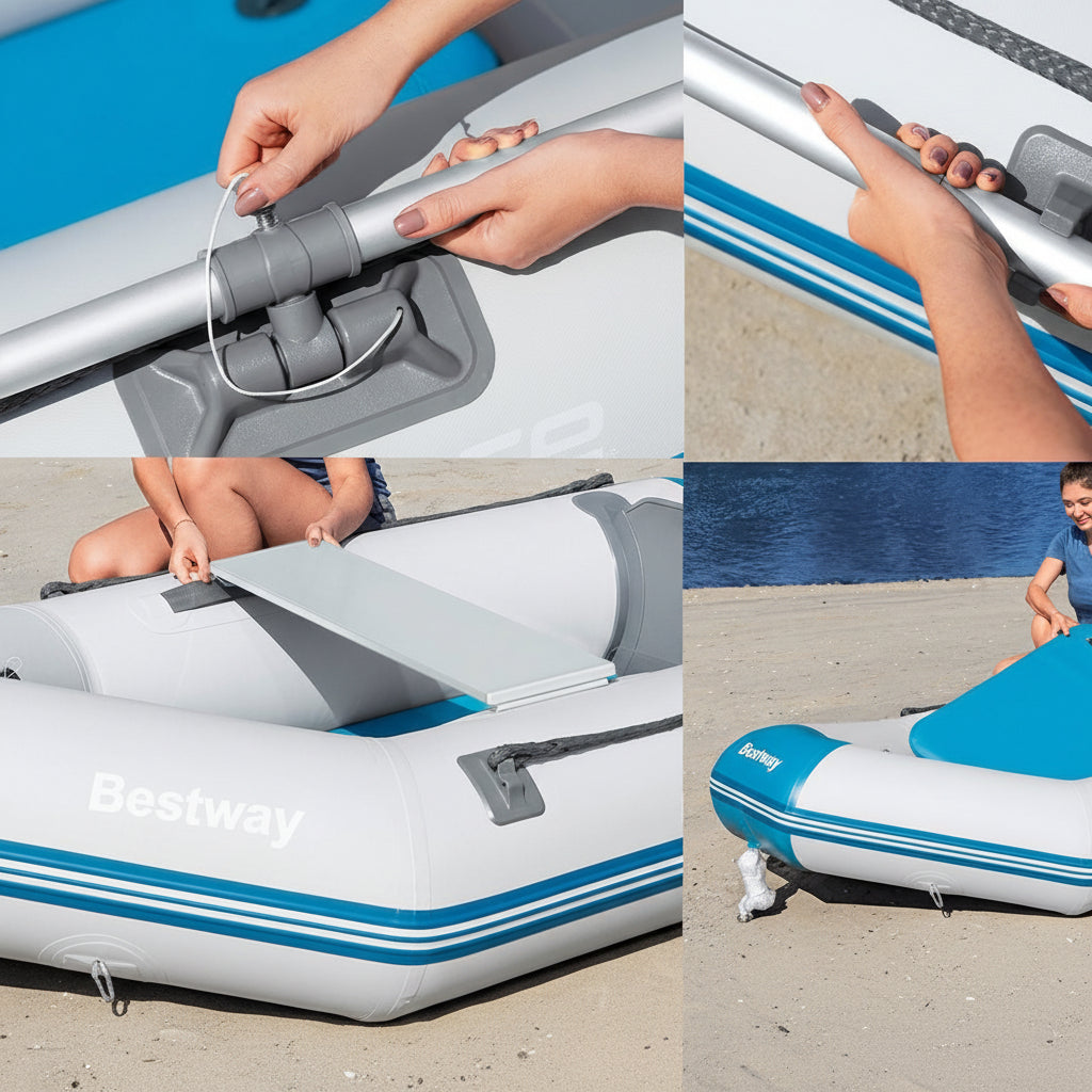 A four-panel collage showing an inflatable dinghy being handled and assembled on a beach