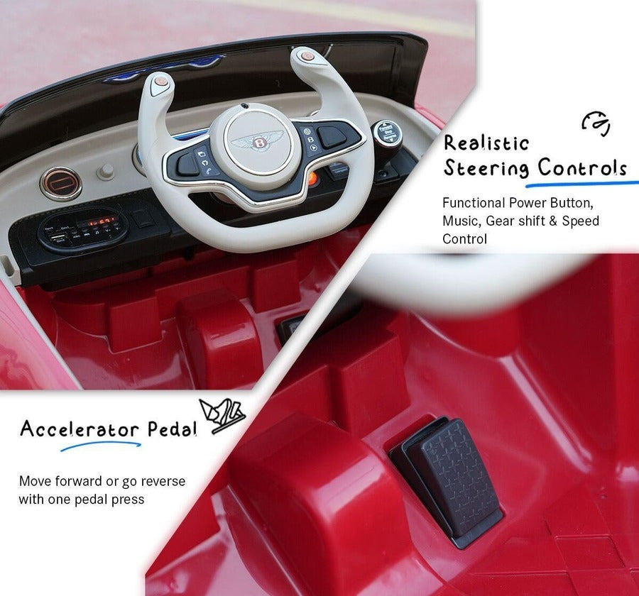 Steering wheel and accelerator pedal of a toy car with text on realistic controls.