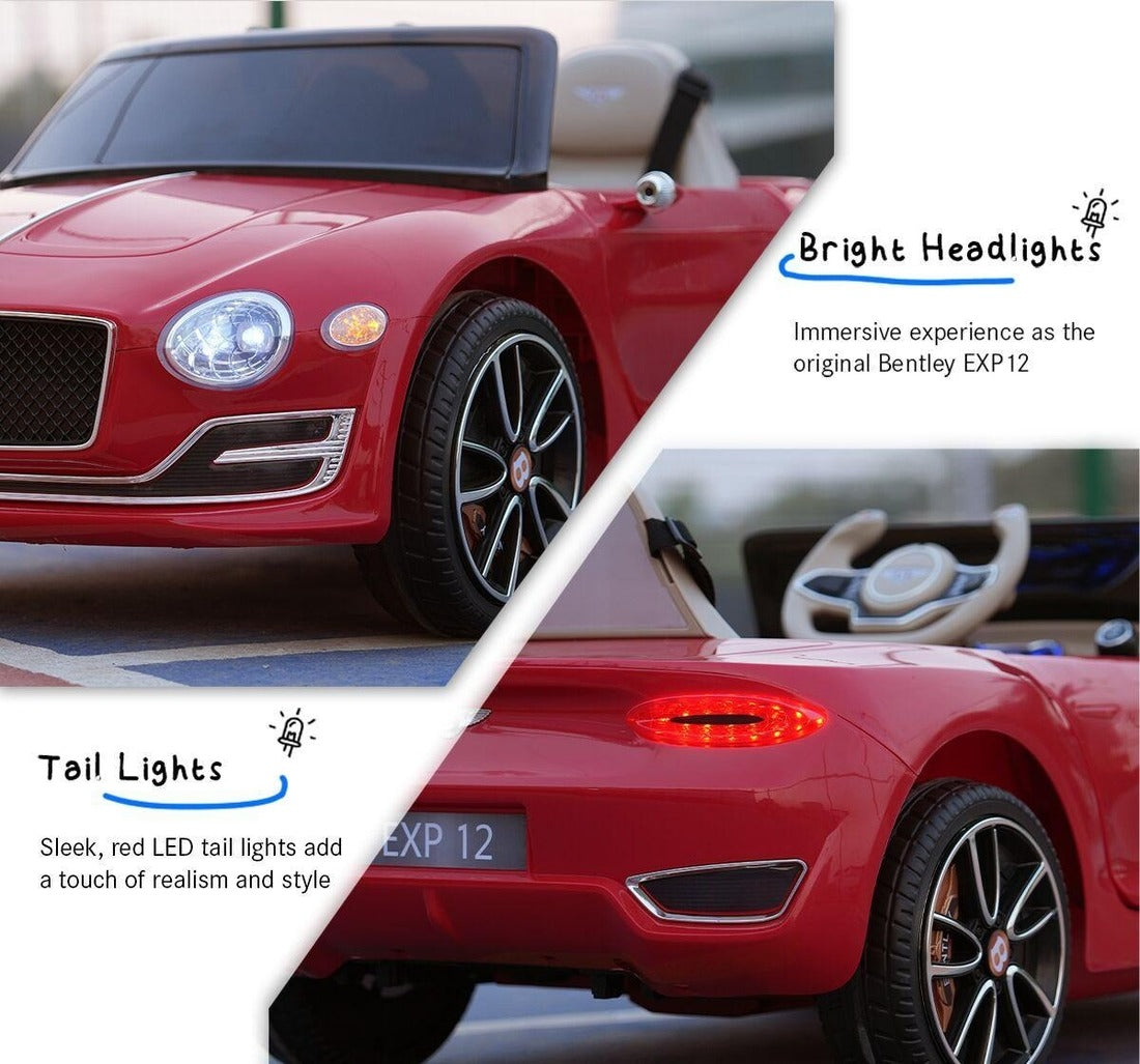 Red car with bright headlights and tail lights, featuring