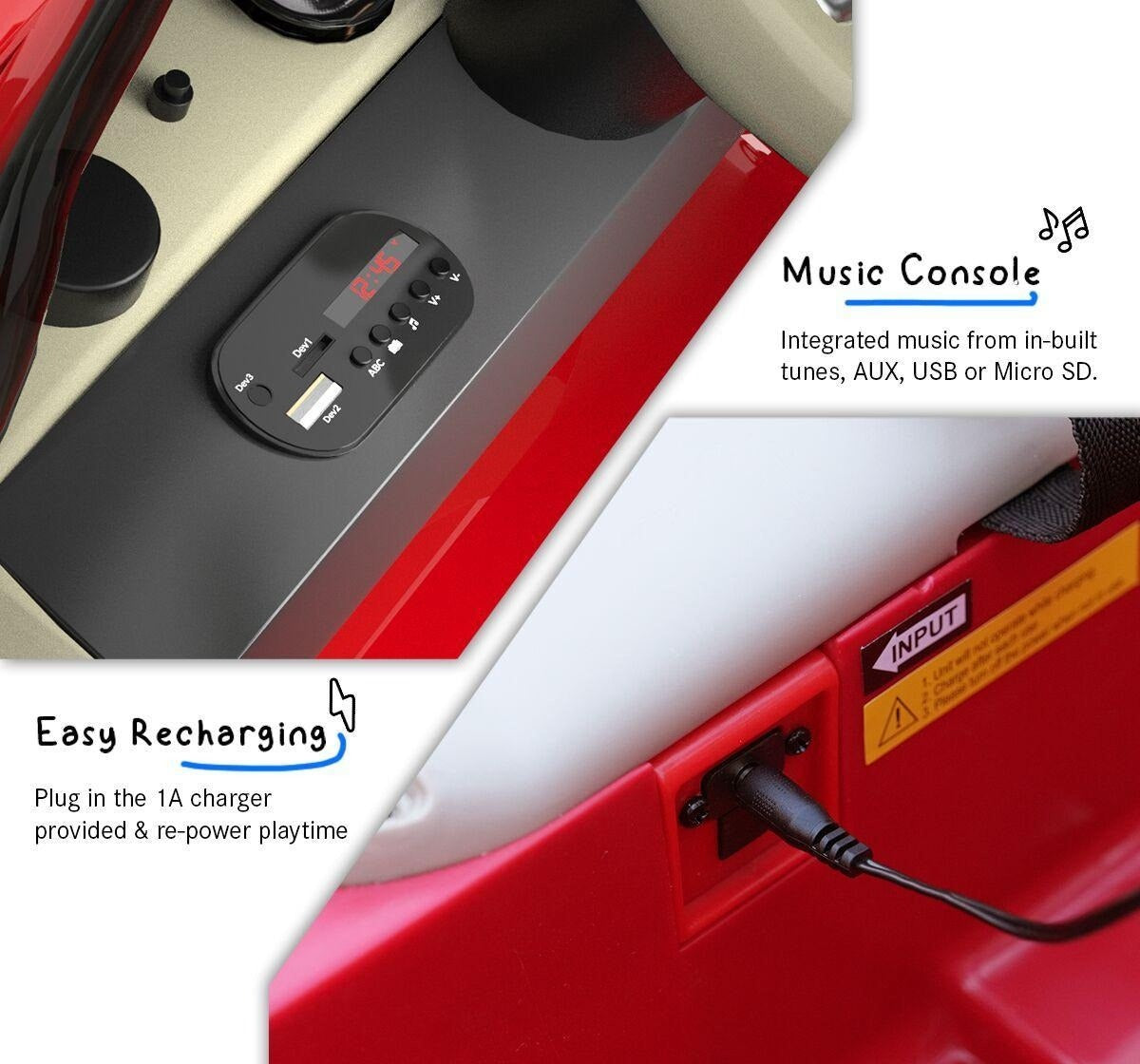 Close-up of a music console with a charging cable, indicating music capabilities and easy recharging.