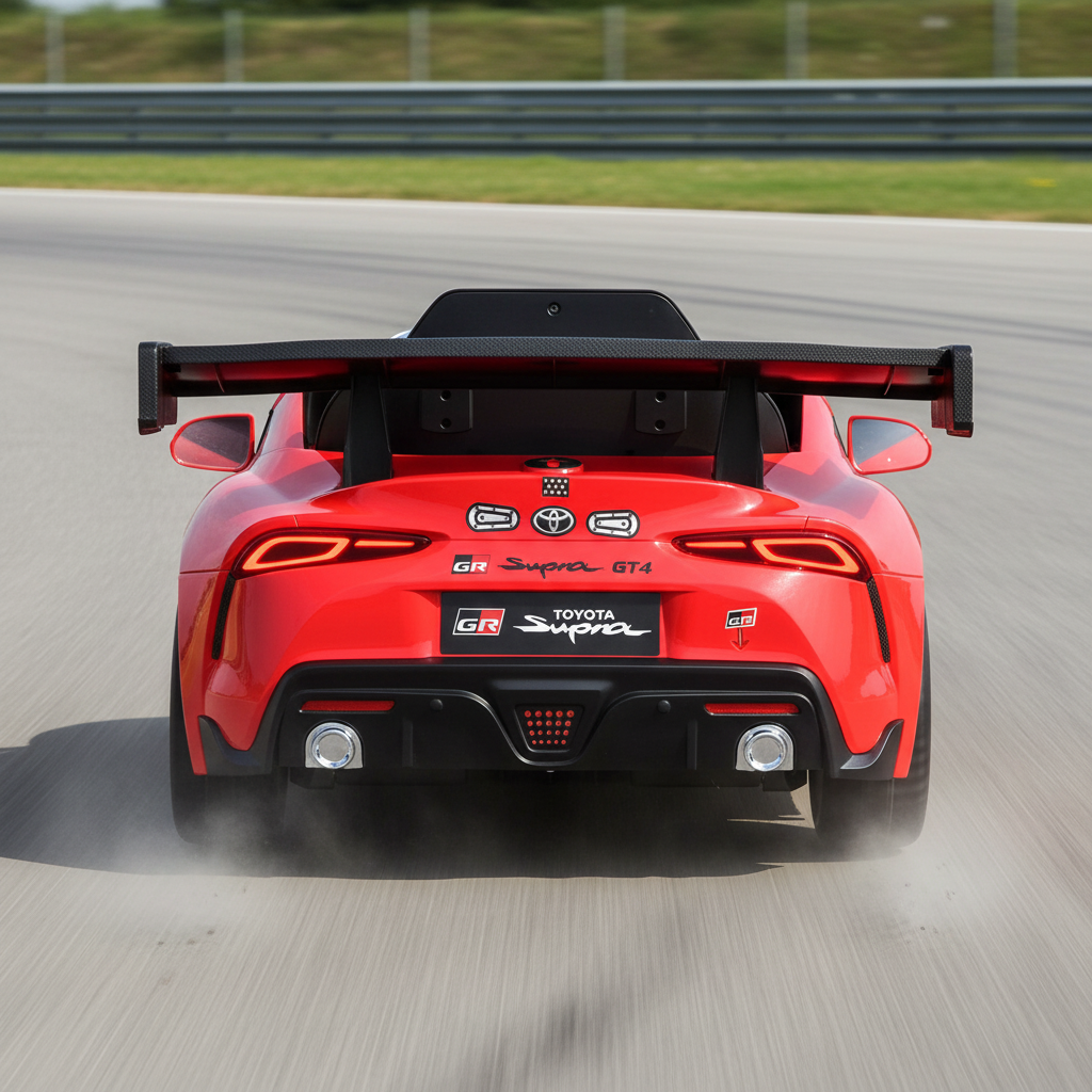A red Toyota Supra GR licensed ride-on toy car shown from the rear view