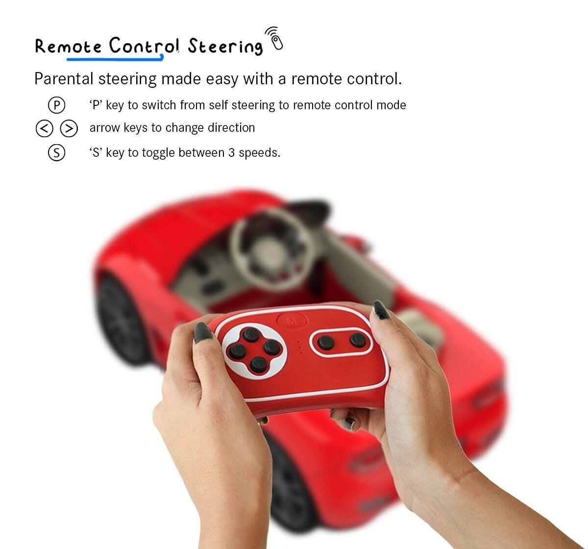 Red toy car with remote control and text on steering mode