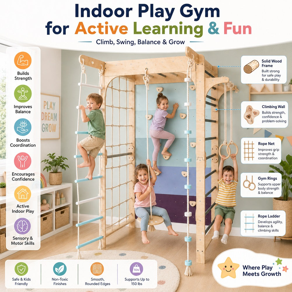 An indoor wooden play gym with climbing walls, rope ladders, gymnastic rings, and a purple climbing pad, shown with a feature Benefits
