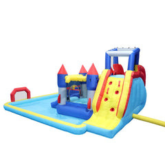 Colourful inflatable playground with slide and castle