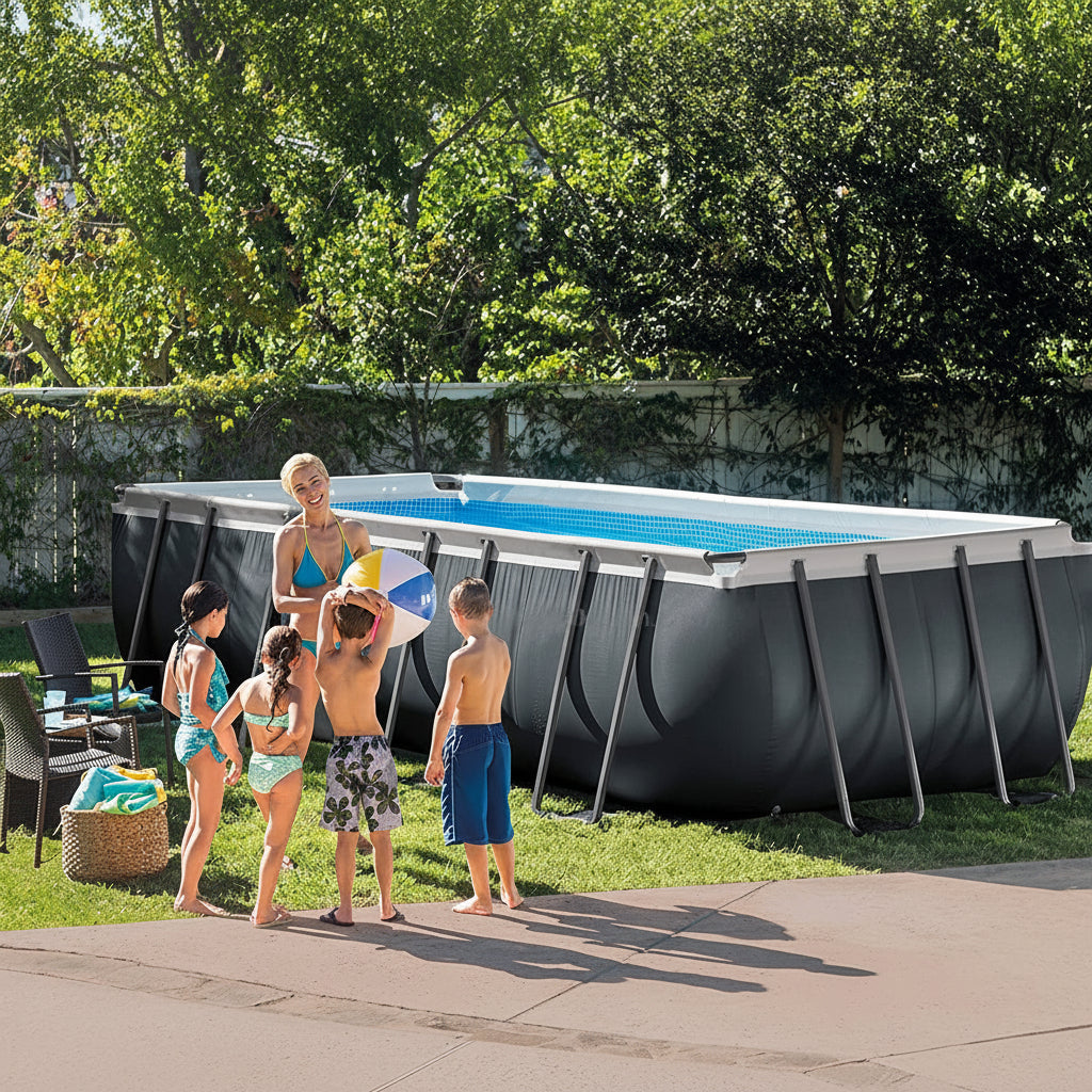 Children playing around a large above-ground pool 