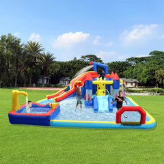 Colourful inflatable water park with slides and a pool