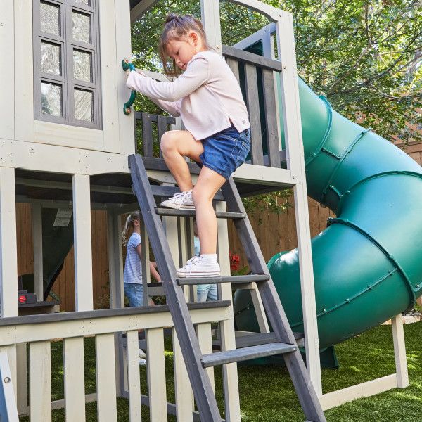 KidKraft Silver Sands Wooden Swing Set Treehouse with 2 levels at Rafplay, 561 x 334 x 269 cm