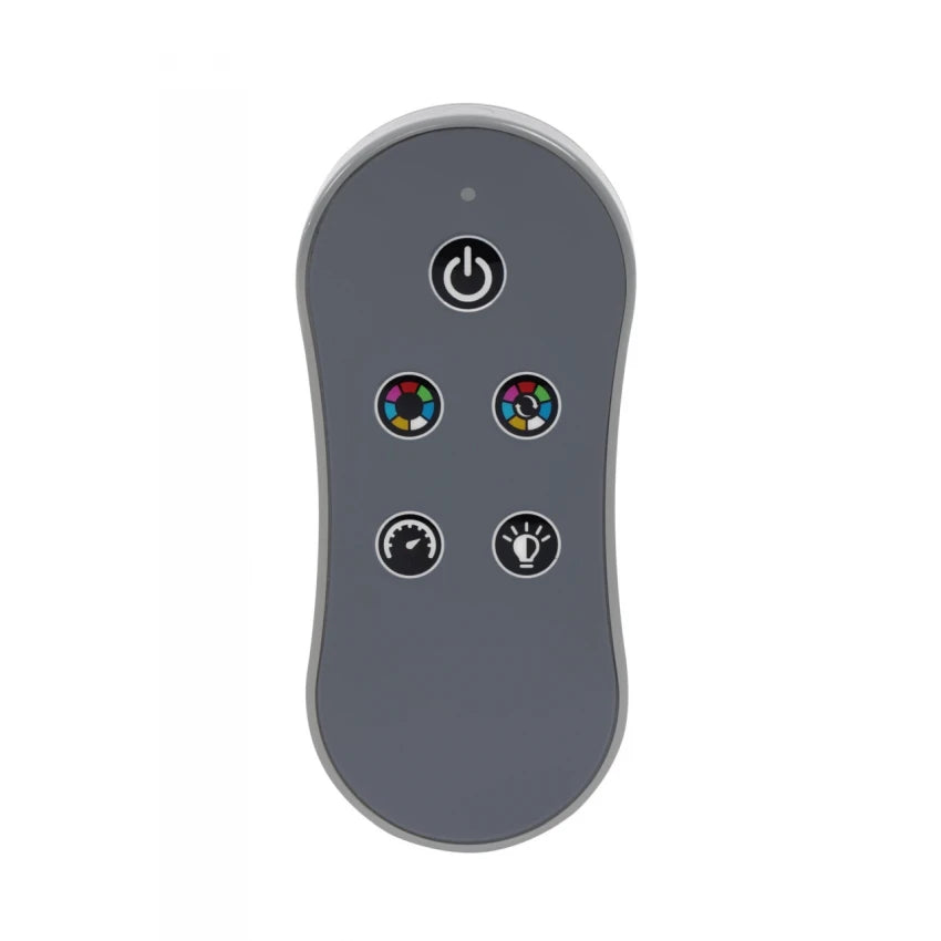 Gray remote control with power button and colorful icon buttons