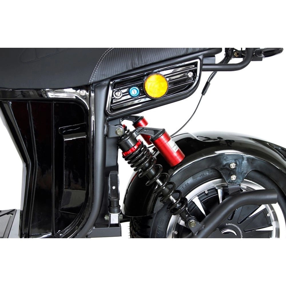 Close-up of kugoo city off road  motorcycle's front suspension and wheel on a white background