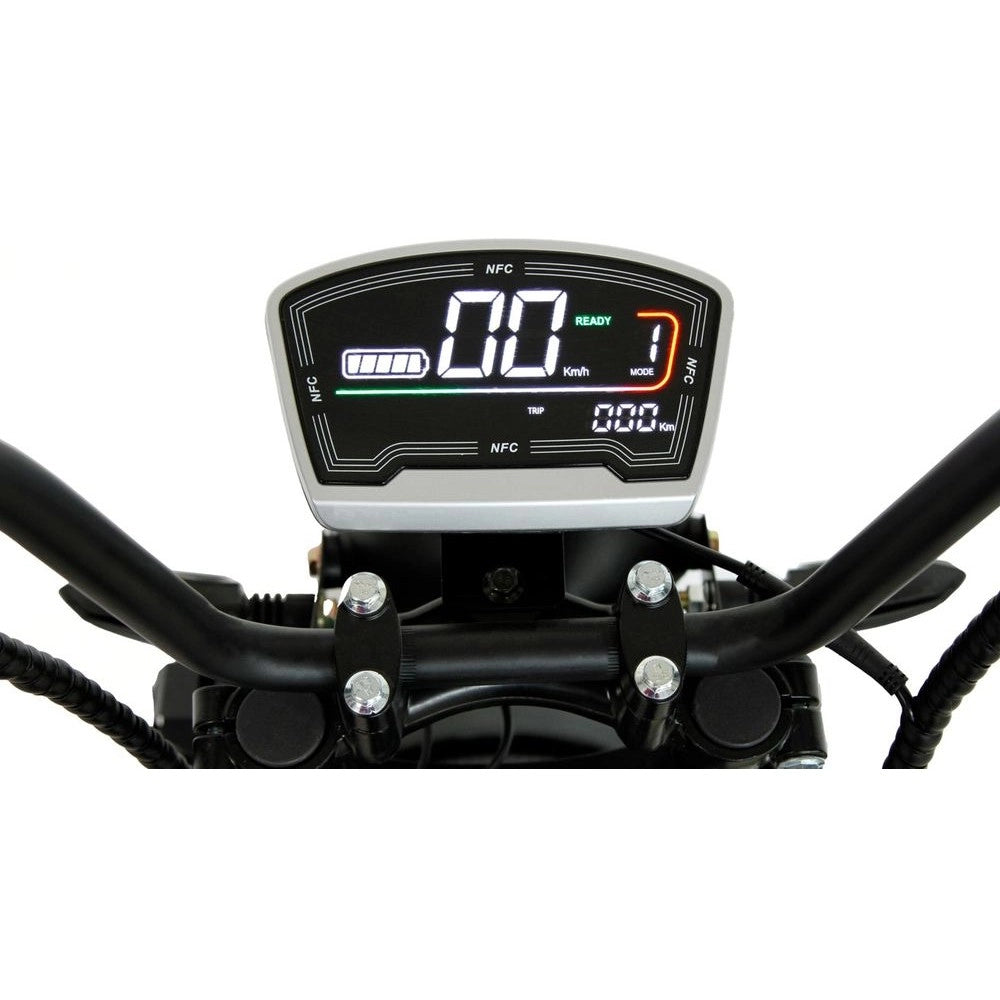 Digital dashboard of a motorcycle with various indicators on a white background