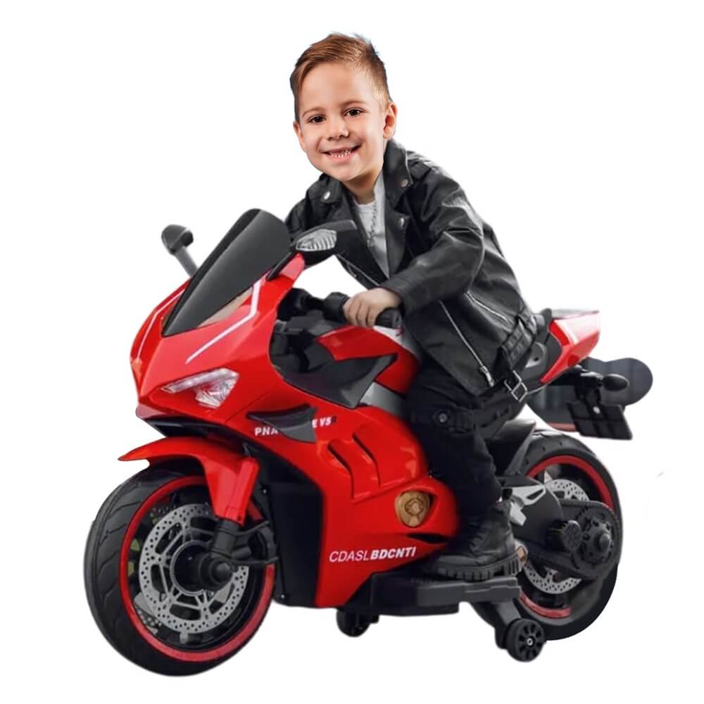Megastar Ride on 12 v Victor Kids Electric Motorbike with training wheels-Red