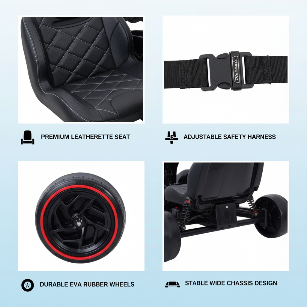 Safe electric car for kids showing EVA wheels and comfort seating design