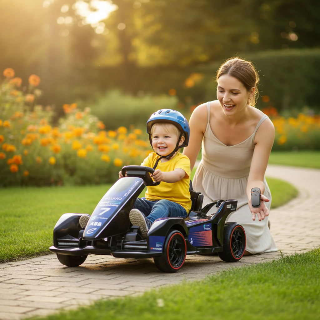 Parent using remote control to guide kids electric ride on car safely