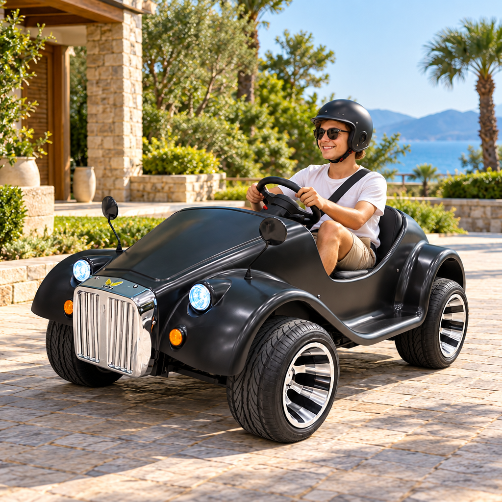 A teen on a stone-paved driveway are driving a black off road classic buggy car.