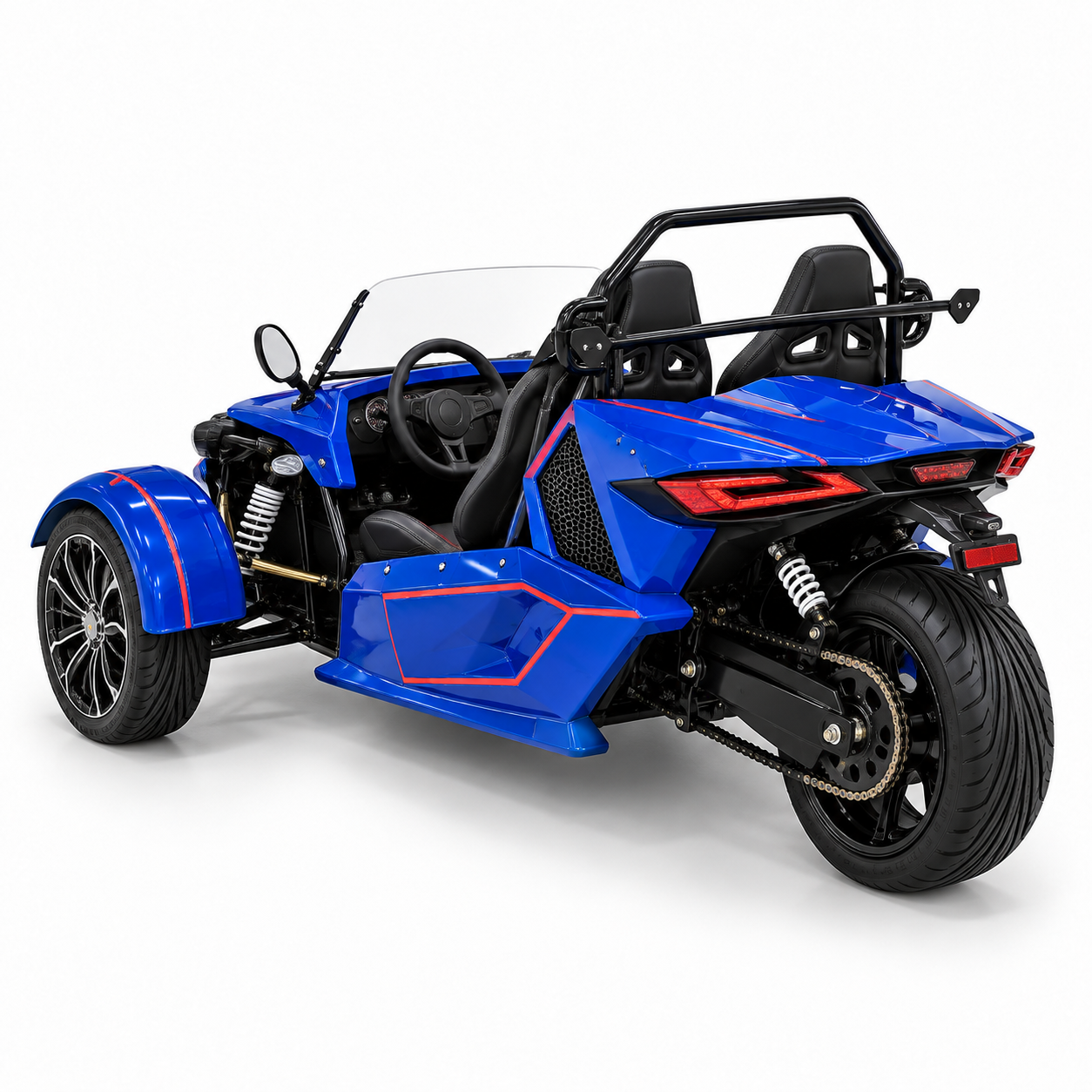 Spyder M4 Roadster electric trike rear view showing three wheel design, dual sport seats, suspension and open cockpit - blue color