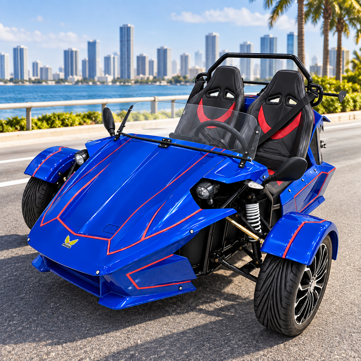Megawheels Spyder M4 blue three wheel high speed electric roadster with open cockpit and two seats